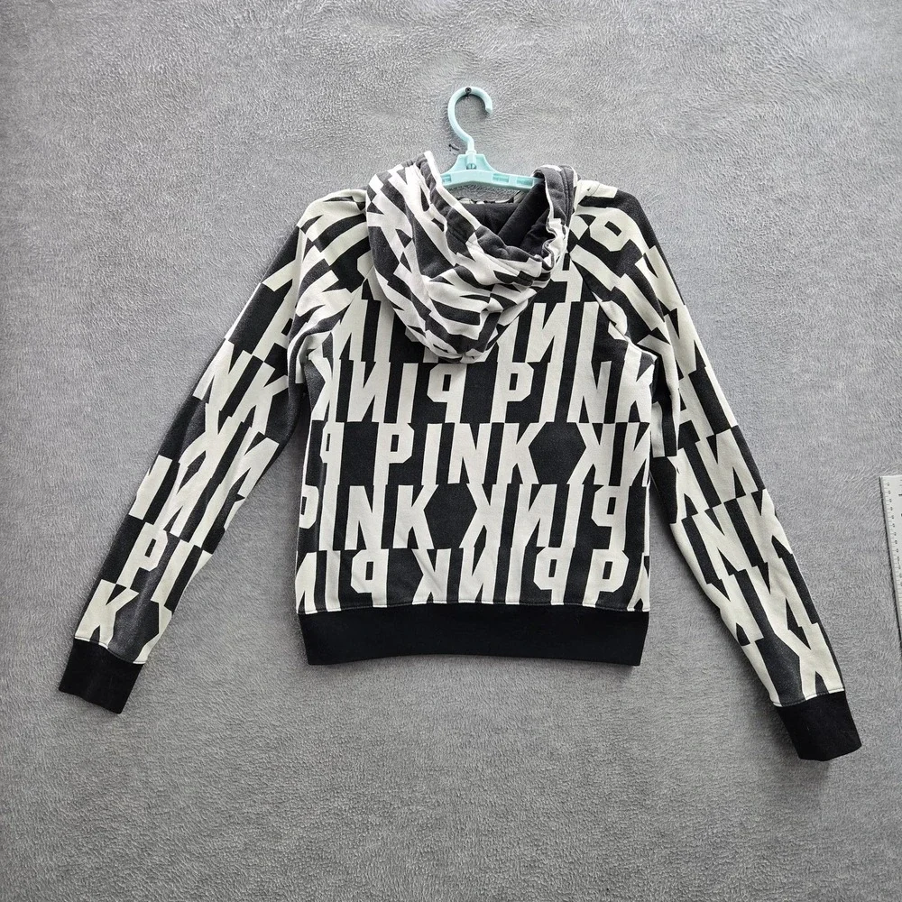 Victoria's Secret PINK‎ Women Hoodie S Black Graphic Print Logo Zipper